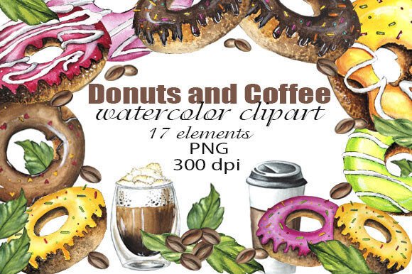 Watercolor Donuts & Coffee Clipart PNG